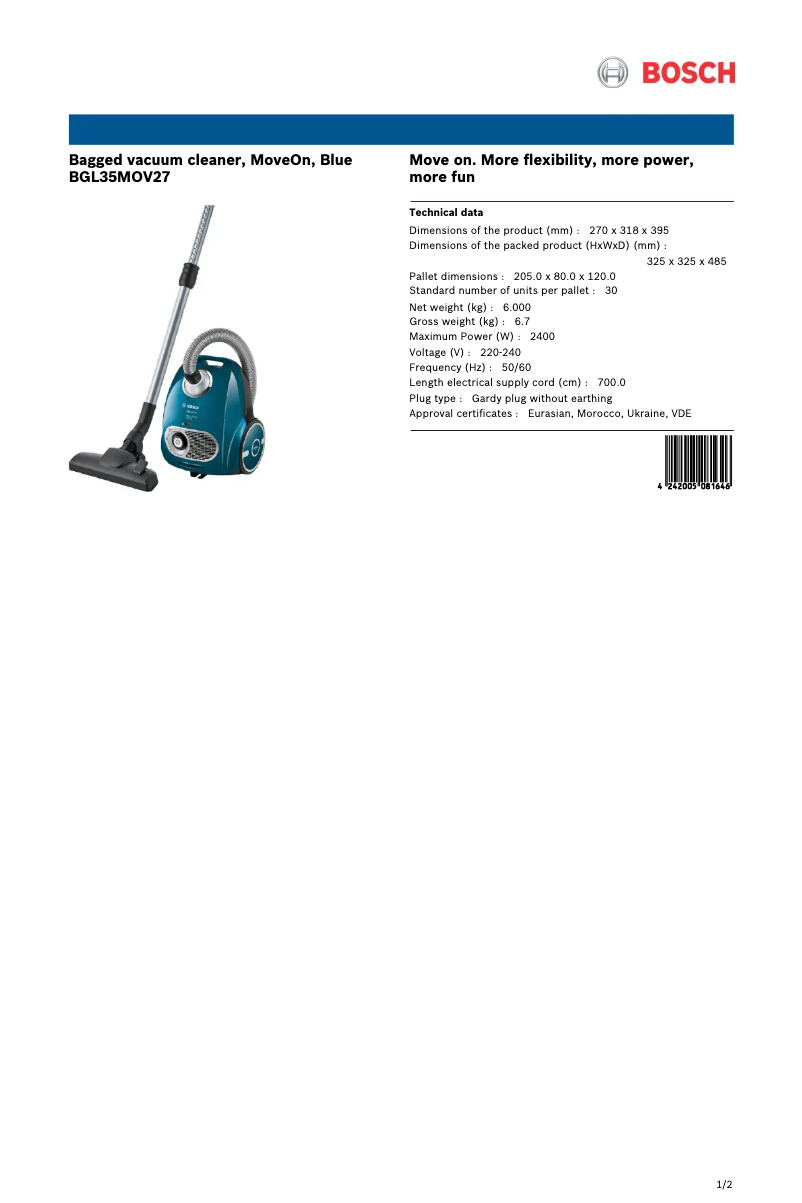 Página 1 del manual Ficha técnica Bosch BGL35MOV27