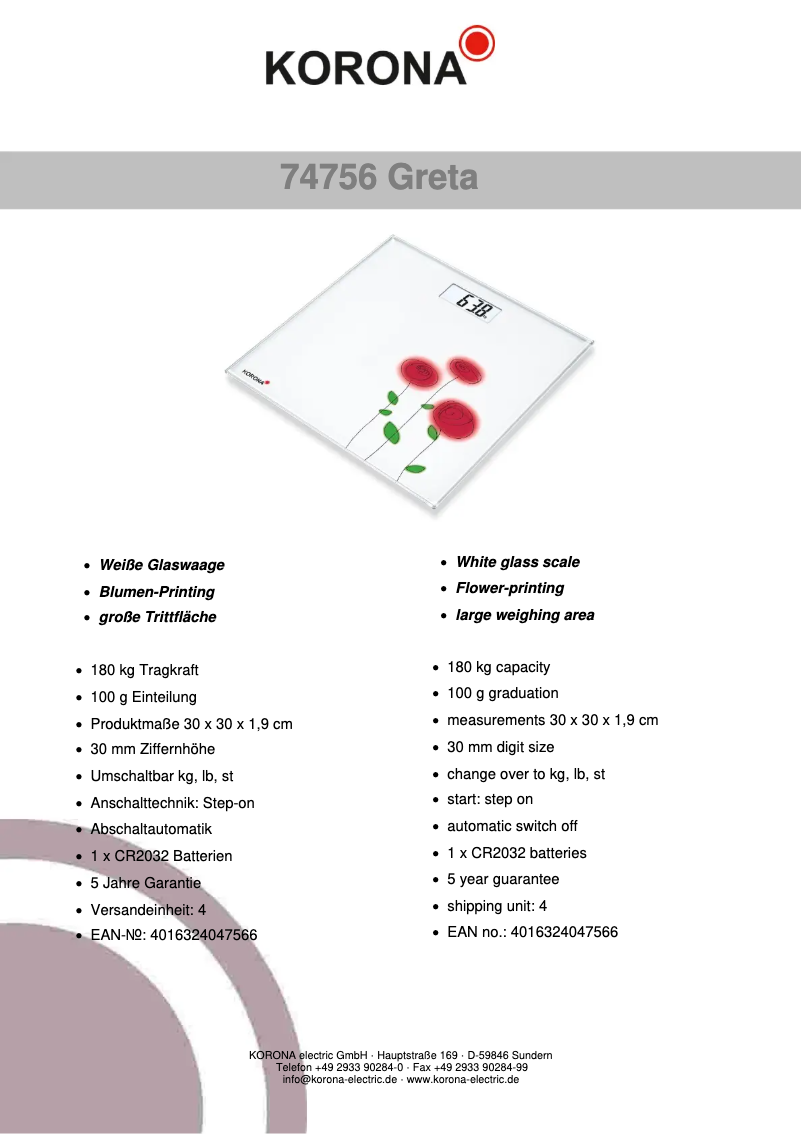 Página 1 del manual Ficha técnica Korona Greta 74756