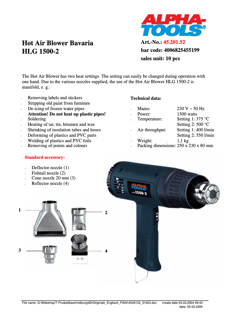 Página nº 1 - Ficha técnica Alpha Tools HLG 1500-2