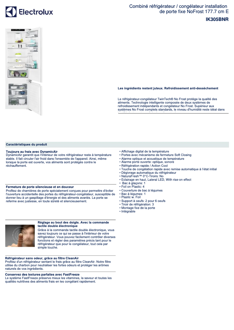 Página 1 del manual Ficha técnica Electrolux IK305BNR