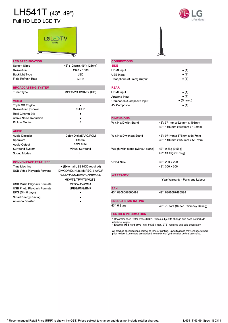 Imagen de la primera página del manual del dispositivo 43LH541T