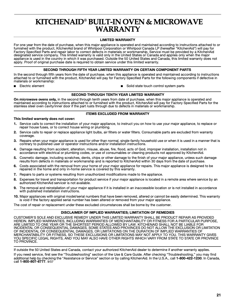 Página nº 1 - Información de garantía KitchenAid KEBS209BSS