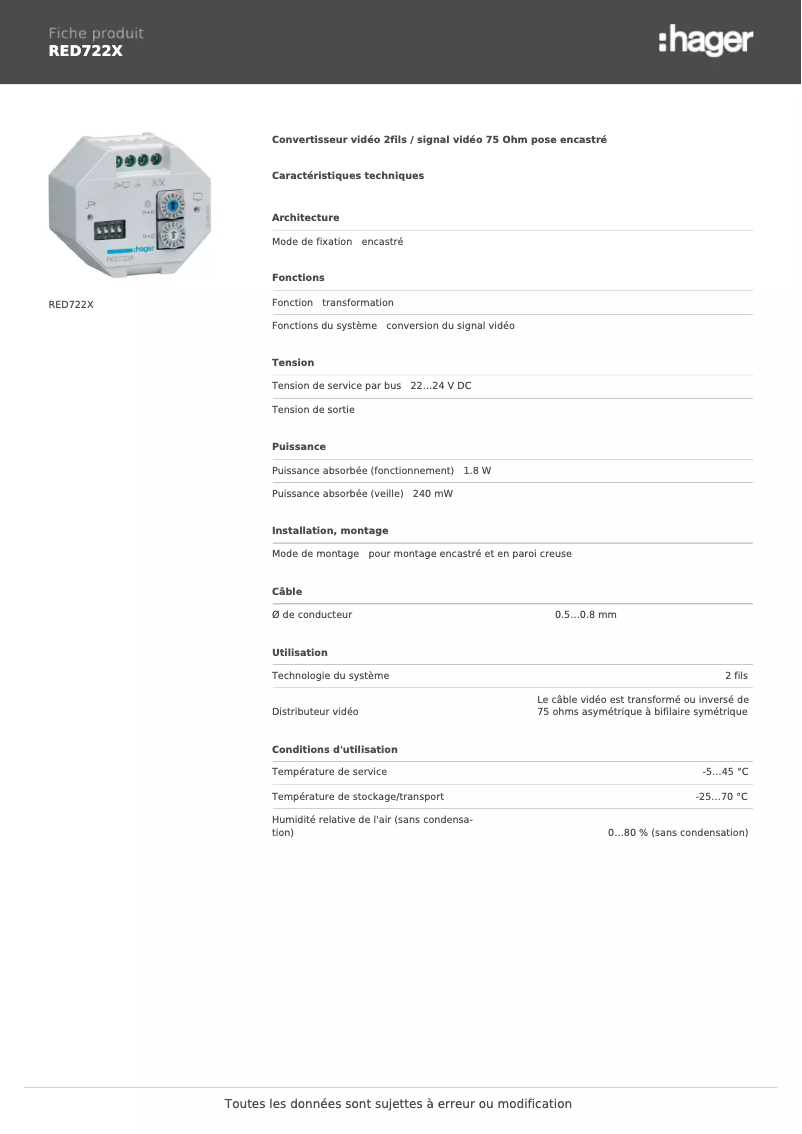 Página nº 1 - Ficha técnica Hager RED722X