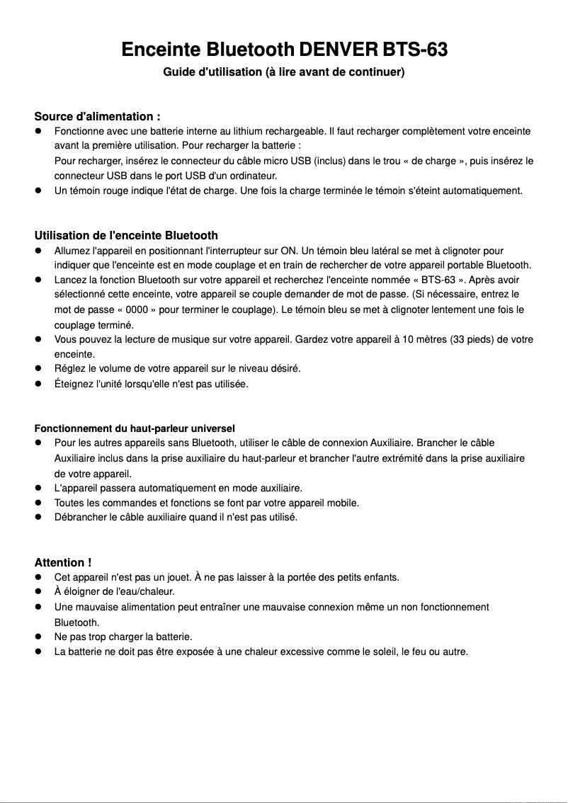 Página 1 del manual Manual de usuario Denver BTS-63