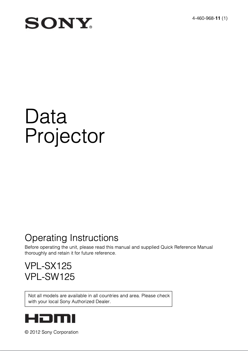 Imagen de la primera página del manual del dispositivo VPL-SW125