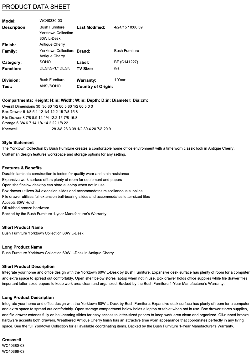 Página 1 del manual Ficha técnica Bush Yorktown WC40330-03