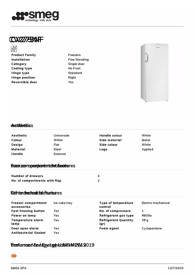 Página 1 del manual Ficha técnica Smeg CV275NF
