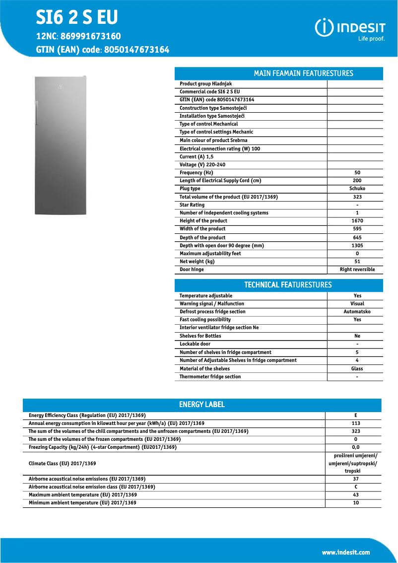 Página 1 del manual Ficha técnica Indesit SI6 2 S
