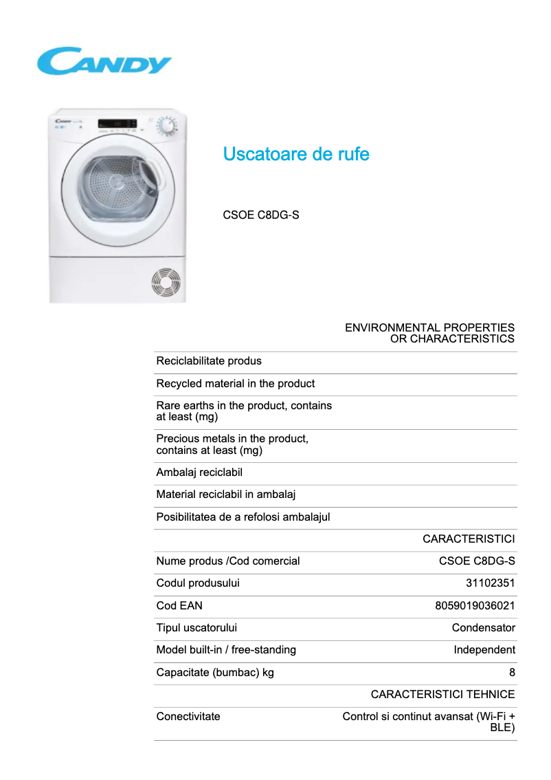 Página 1 del manual Ficha técnica Candy CSOE C8DG-S
