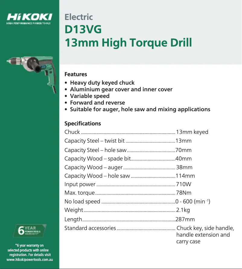 Página 1 del manual Ficha técnica HiKOKI D 13VG