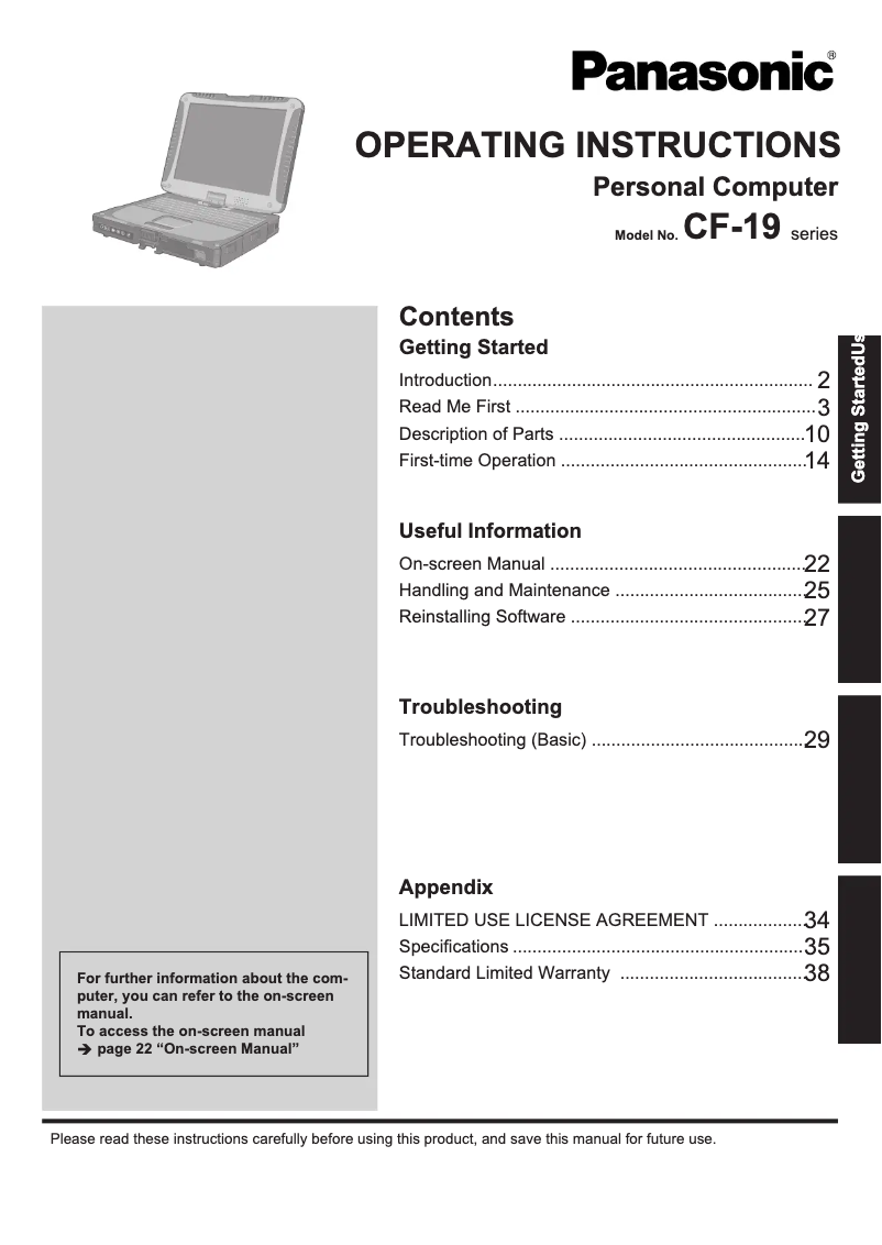 Imagen de la primera página del manual del dispositivo Toughbook CF-19K