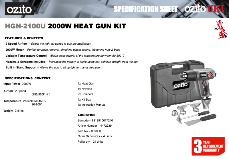 Página 1 del manual Ficha técnica Ozito HGN-2100U