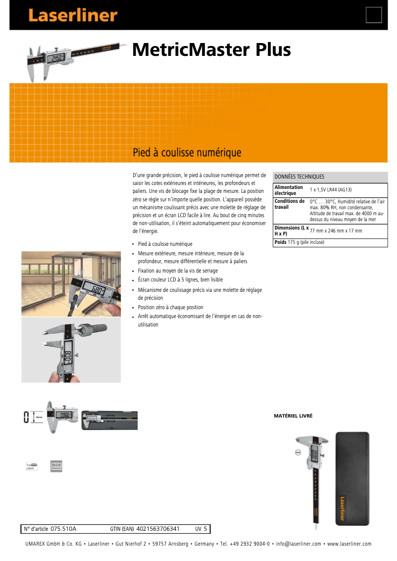 Página 1 del manual Ficha técnica Laserliner MetricMaster Plus