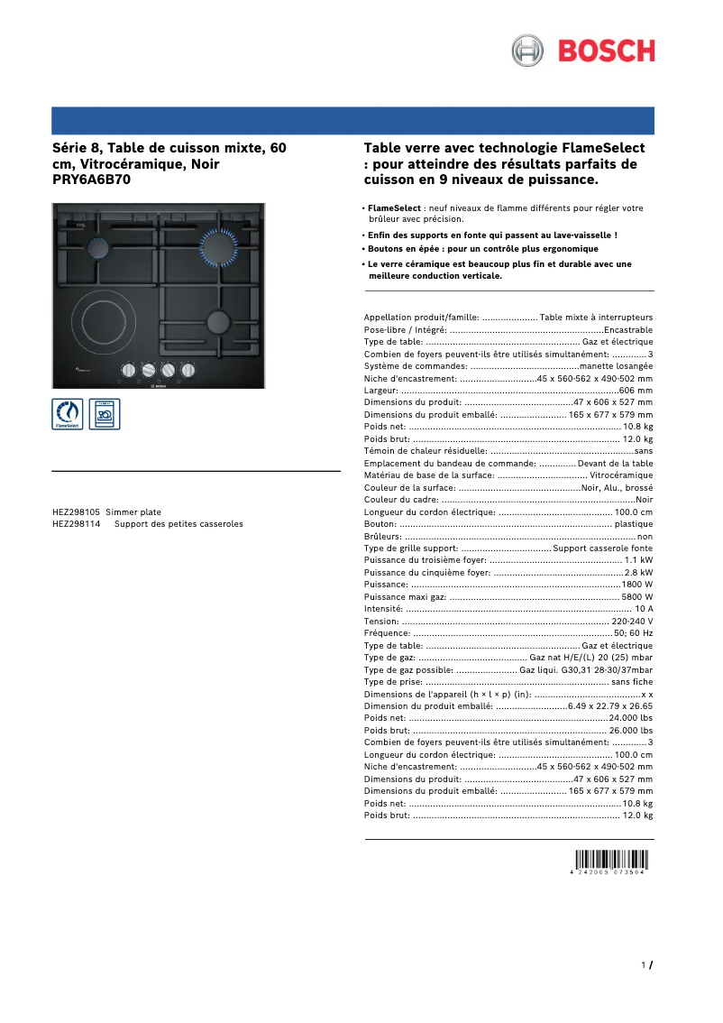 Página 1 del manual Ficha técnica Bosch PRY6A6B70