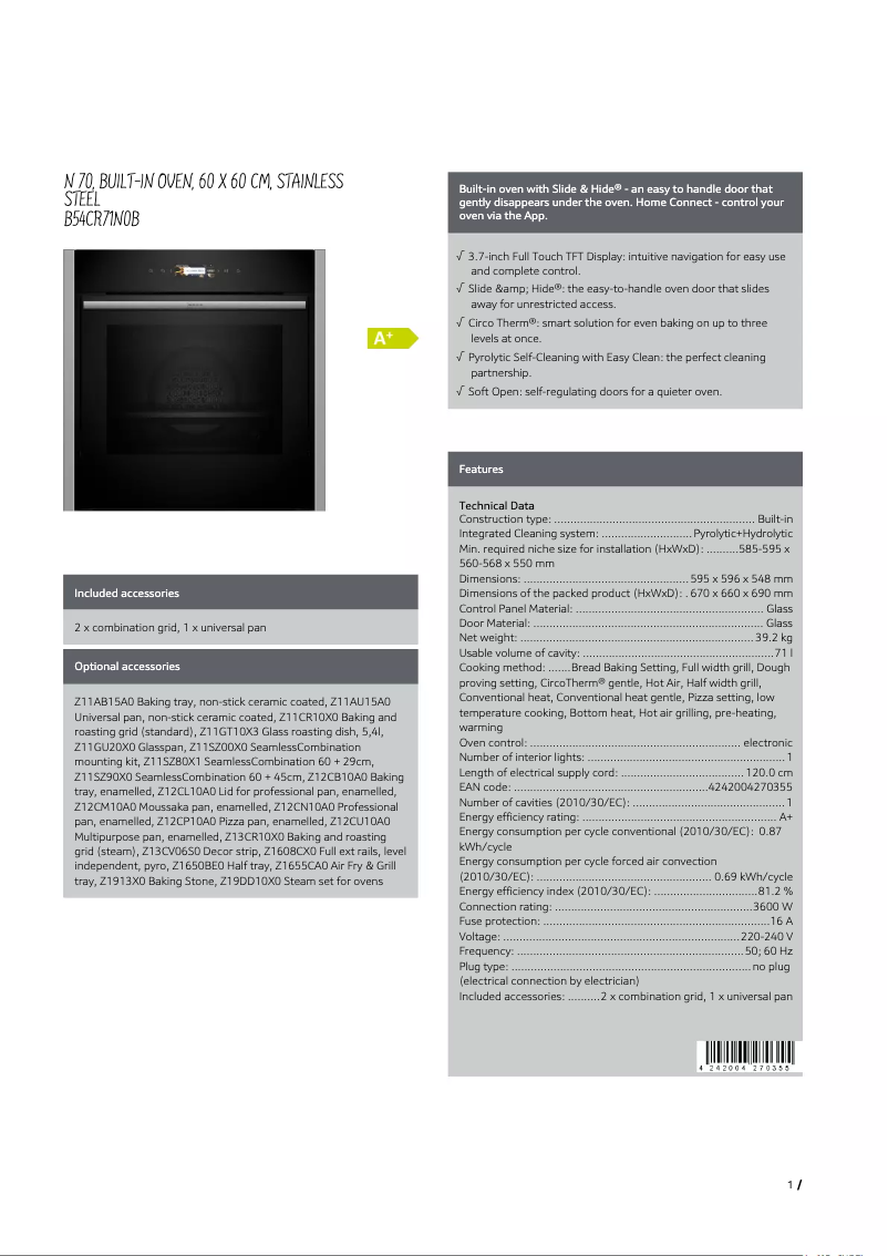 Página 1 del manual Ficha técnica Neff B54CR71N0B