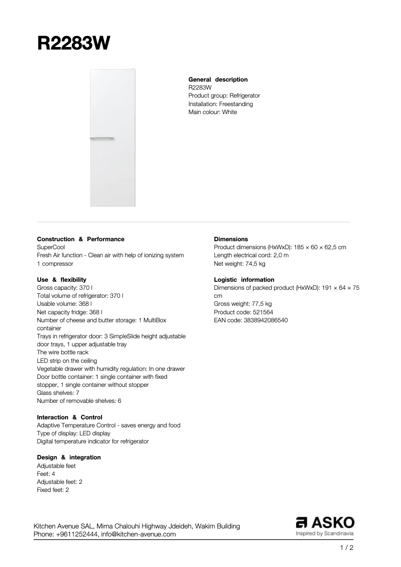 Página nº 1 - Ficha técnica Asko R2283W