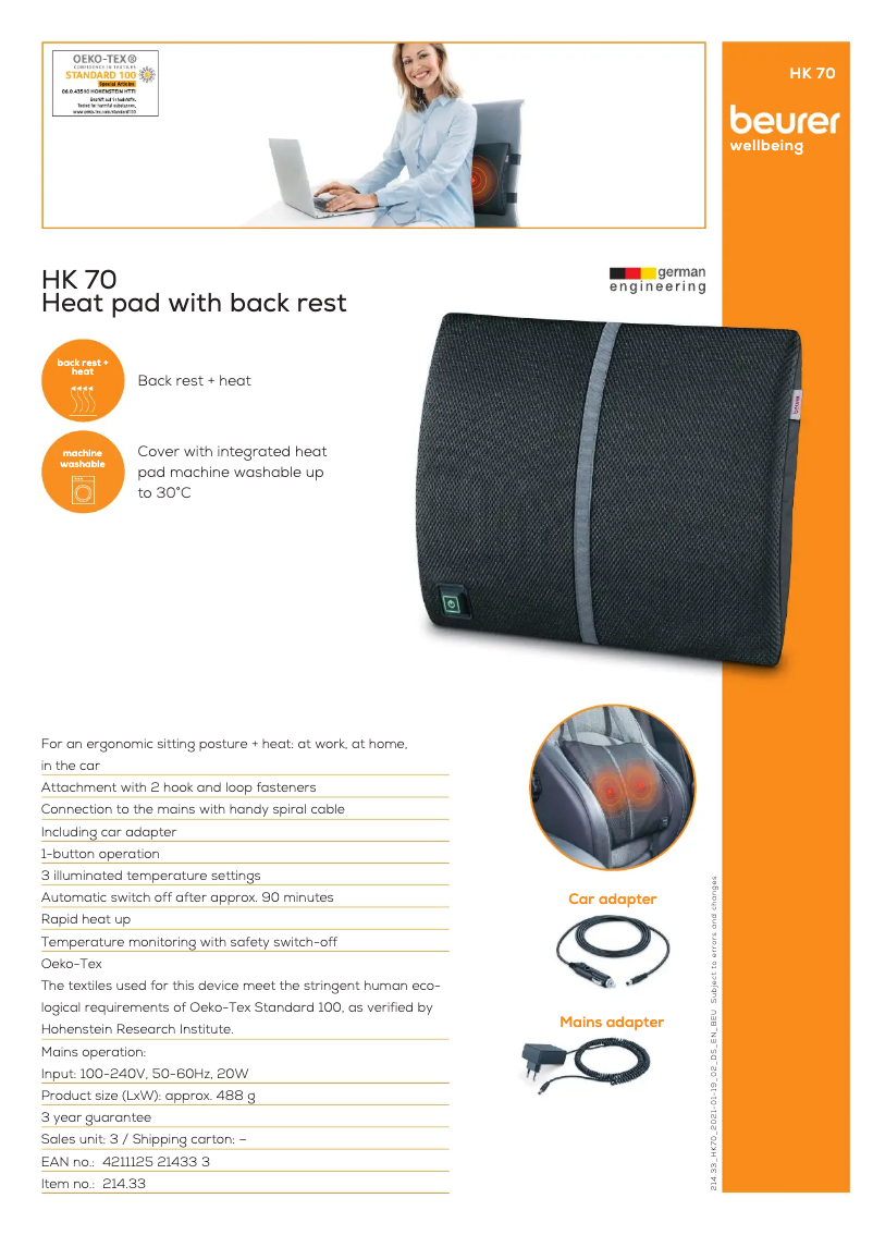 Página 1 del manual Ficha técnica Beurer HK 70