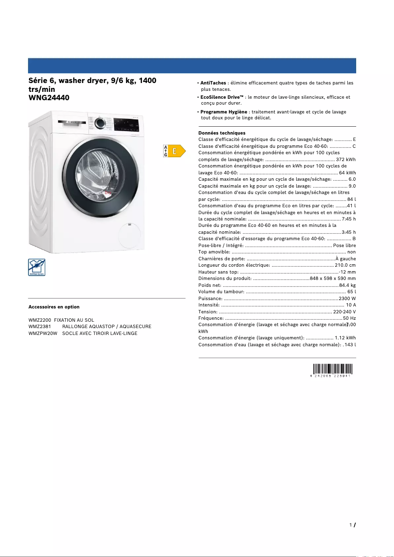 Página 1 del manual Ficha técnica Bosch WNG24440