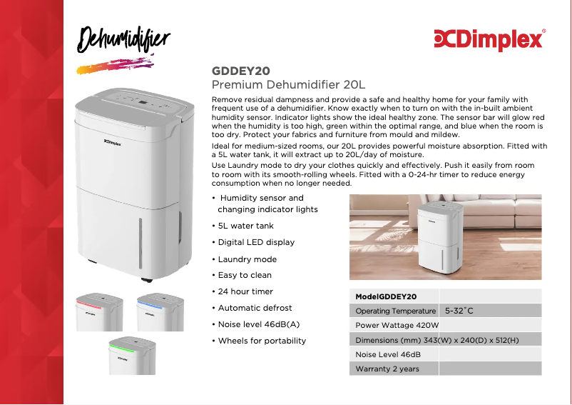 Página 1 del manual Ficha técnica Dimplex GDDEY20