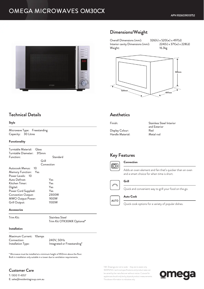 Página 1 del manual Ficha técnica Omega OM30CX