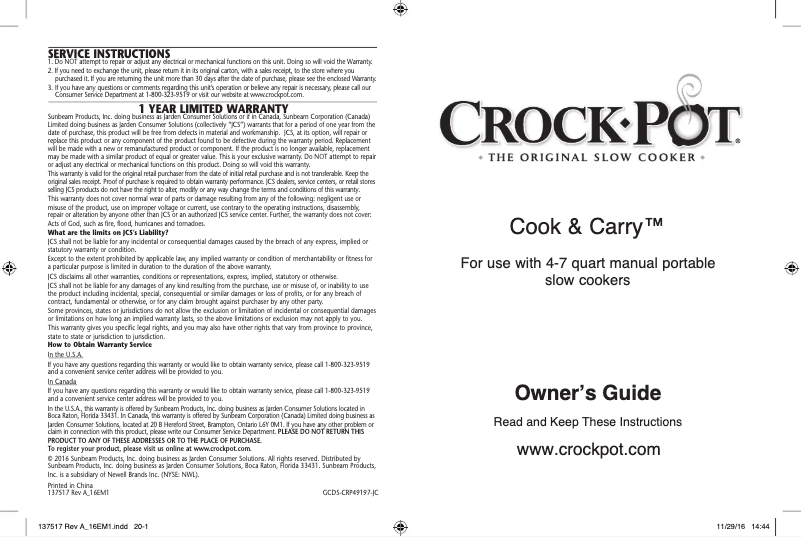 Página 1 del manual Manual de usuario Crock-Pot Cook & Carry SCCPVL600-B
