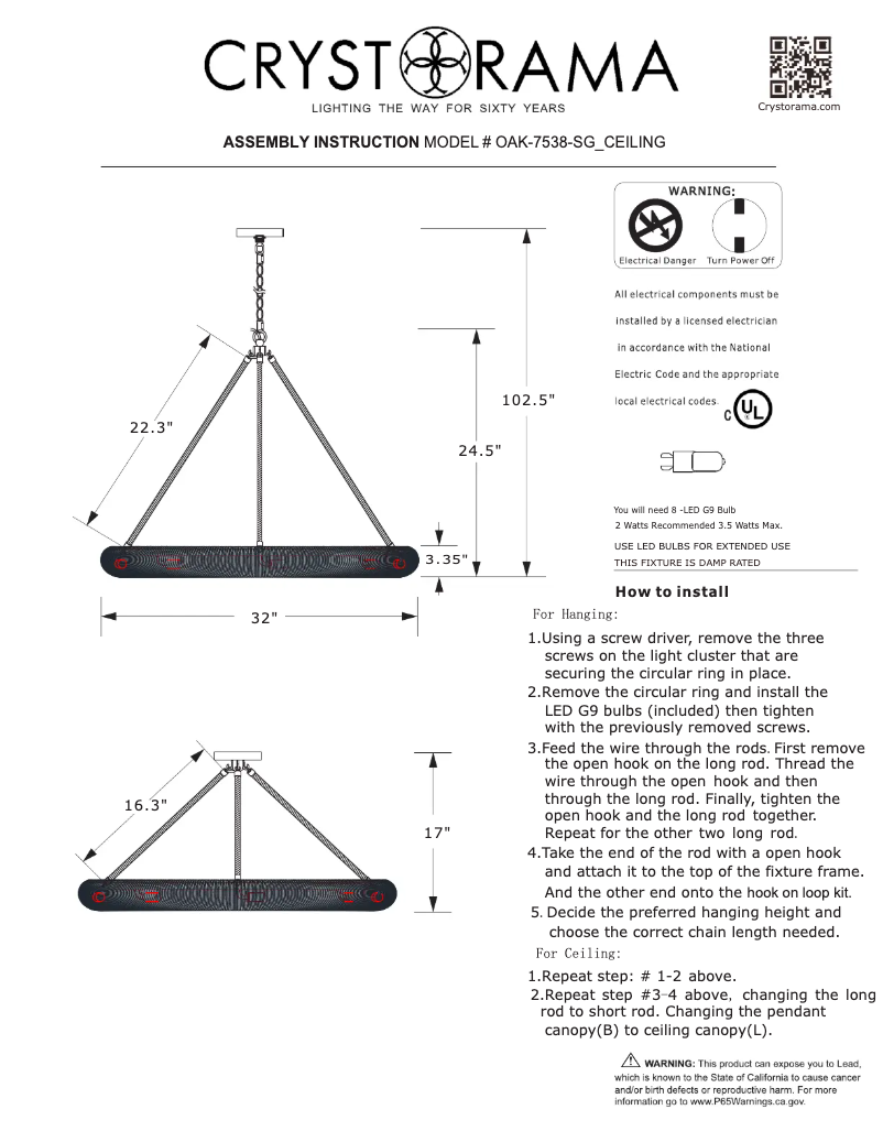 Página 1 del manual Manual de usuario Crystorama Oakley OAK-7538-SG_CEILING