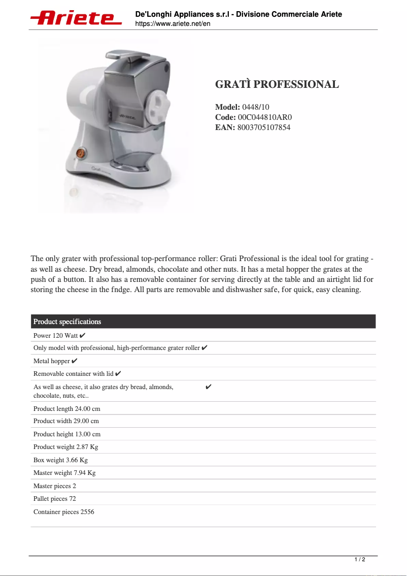 Página nº 1 - Ficha técnica Ariete Gratì Professional 0448