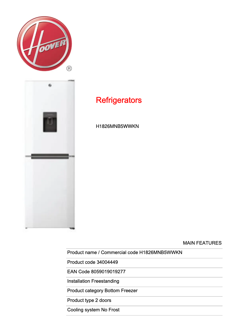 Página 1 del manual Ficha técnica Hoover H1826MNB5WWKN