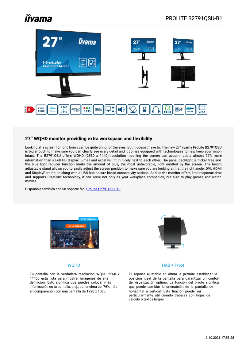 Página nº 1 - Ficha técnica Iiyama ProLite B2791QSU-B1