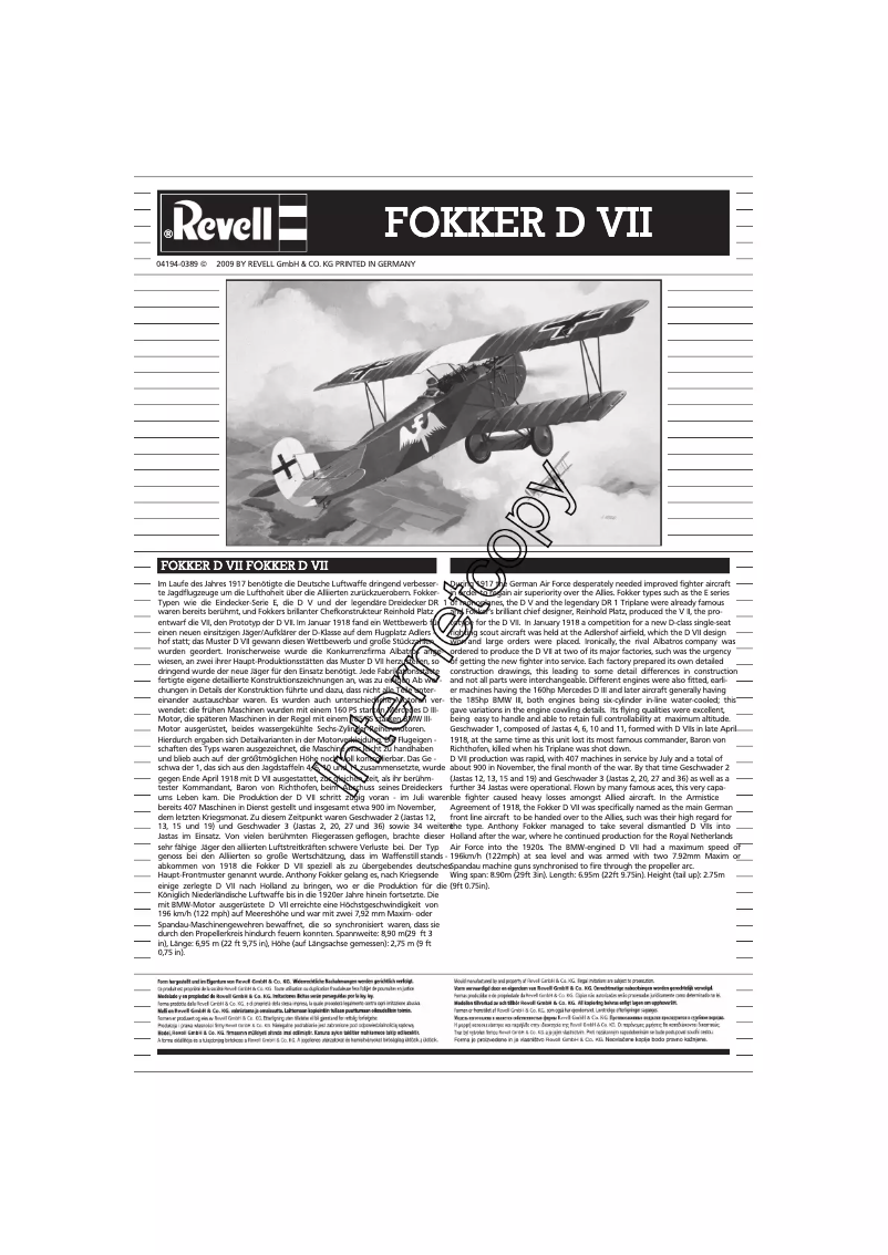 Imagen de la primera página del manual del dispositivo Fokker D VII