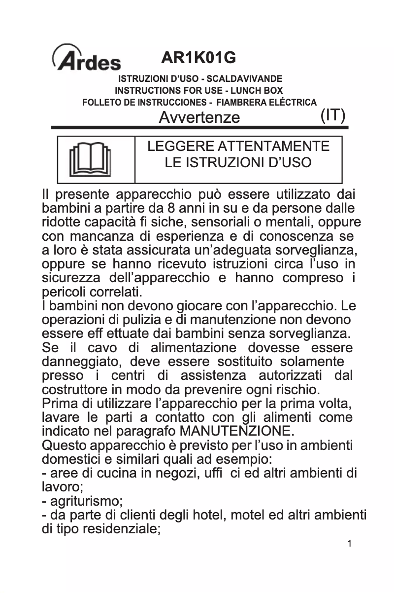 Imagen de la primera página del manual del dispositivo AR1K01G