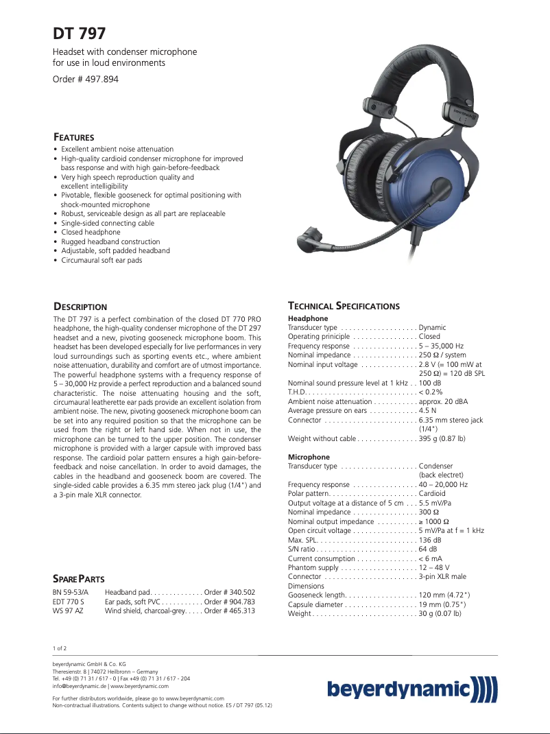 Página nº 1 - Ficha técnica Beyerdynamic DT 797 PV