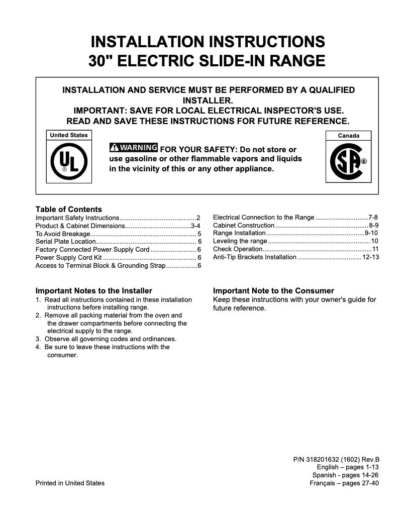 Página 1 del manual Guía de instalación Frigidaire FGES3065PF