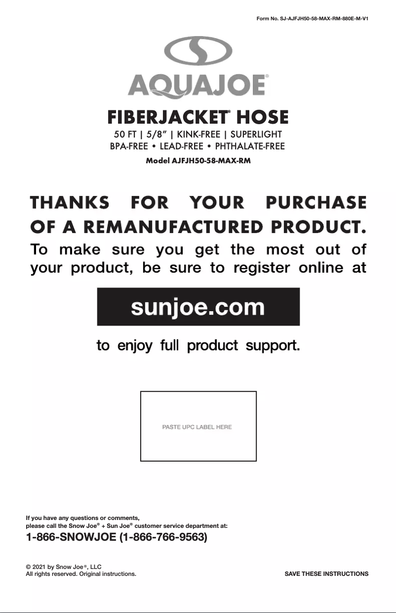 Página nº 1 - Manual de usuario Aqua Joe AJFJH50-58-MAX-RM