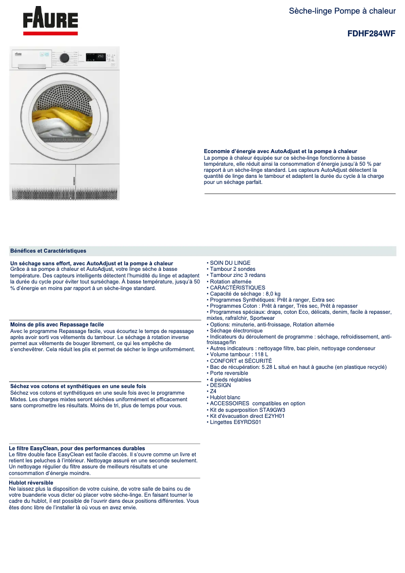 Página 1 del manual Ficha técnica Faure FDHF284WF