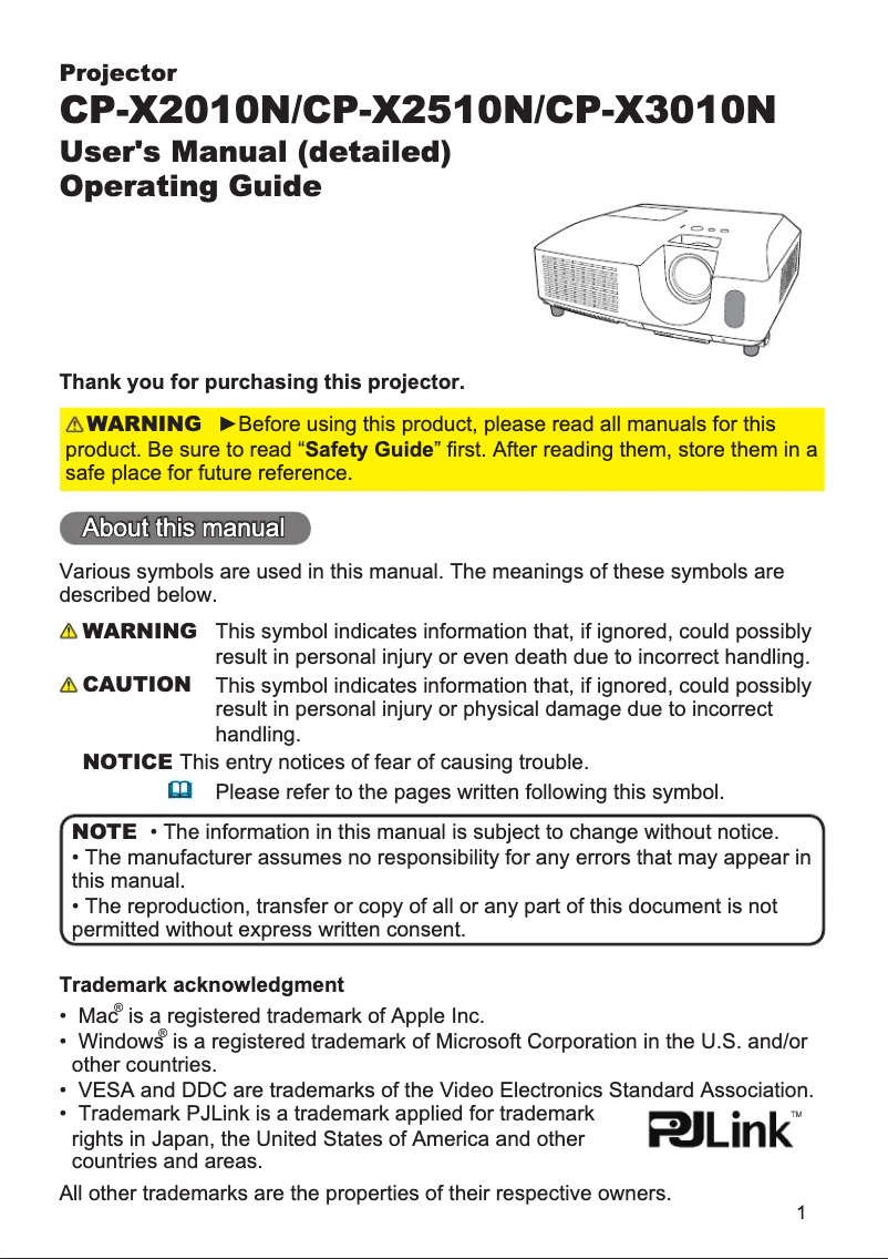 Página nº 1 - Manual de usuario Hitachi CP-X2510N