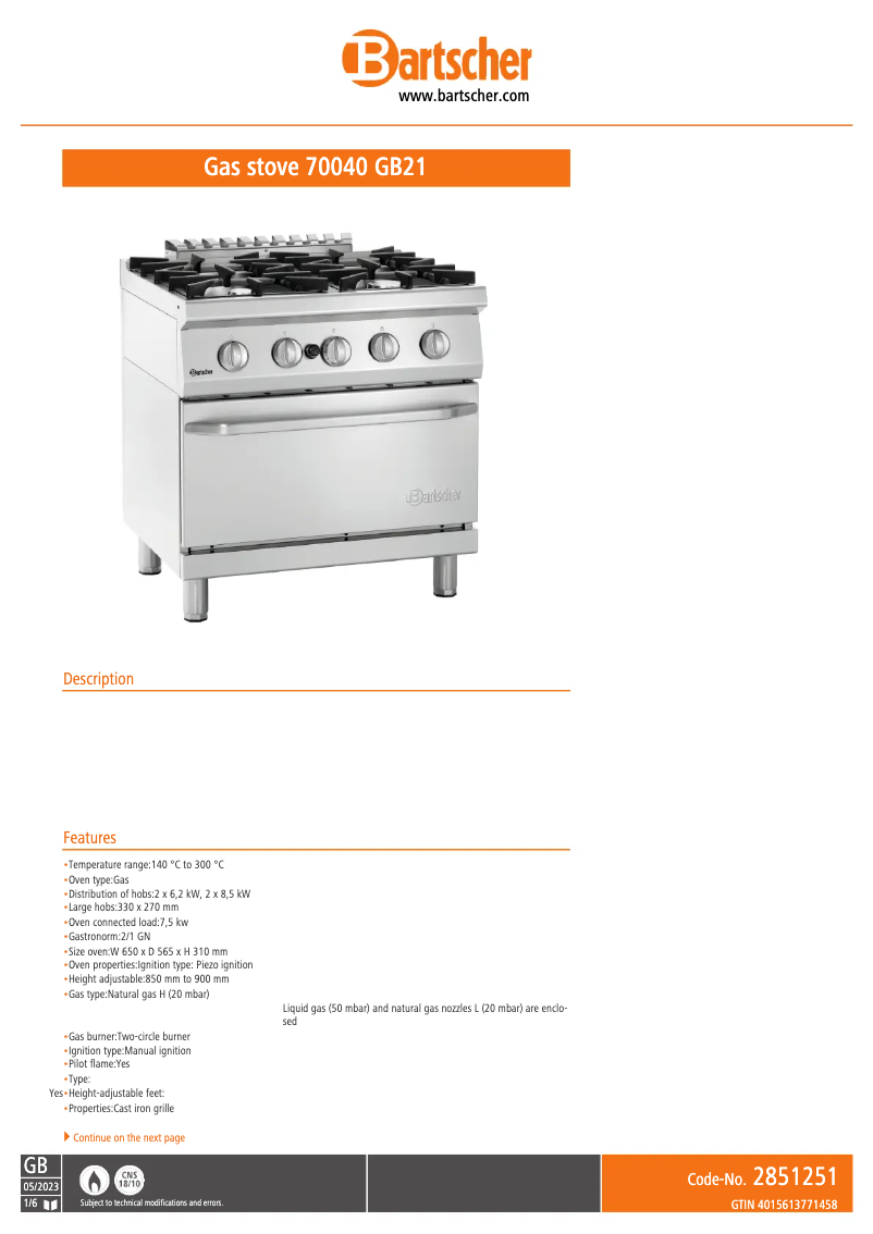 Página 1 del manual Ficha técnica Bartscher 2851251