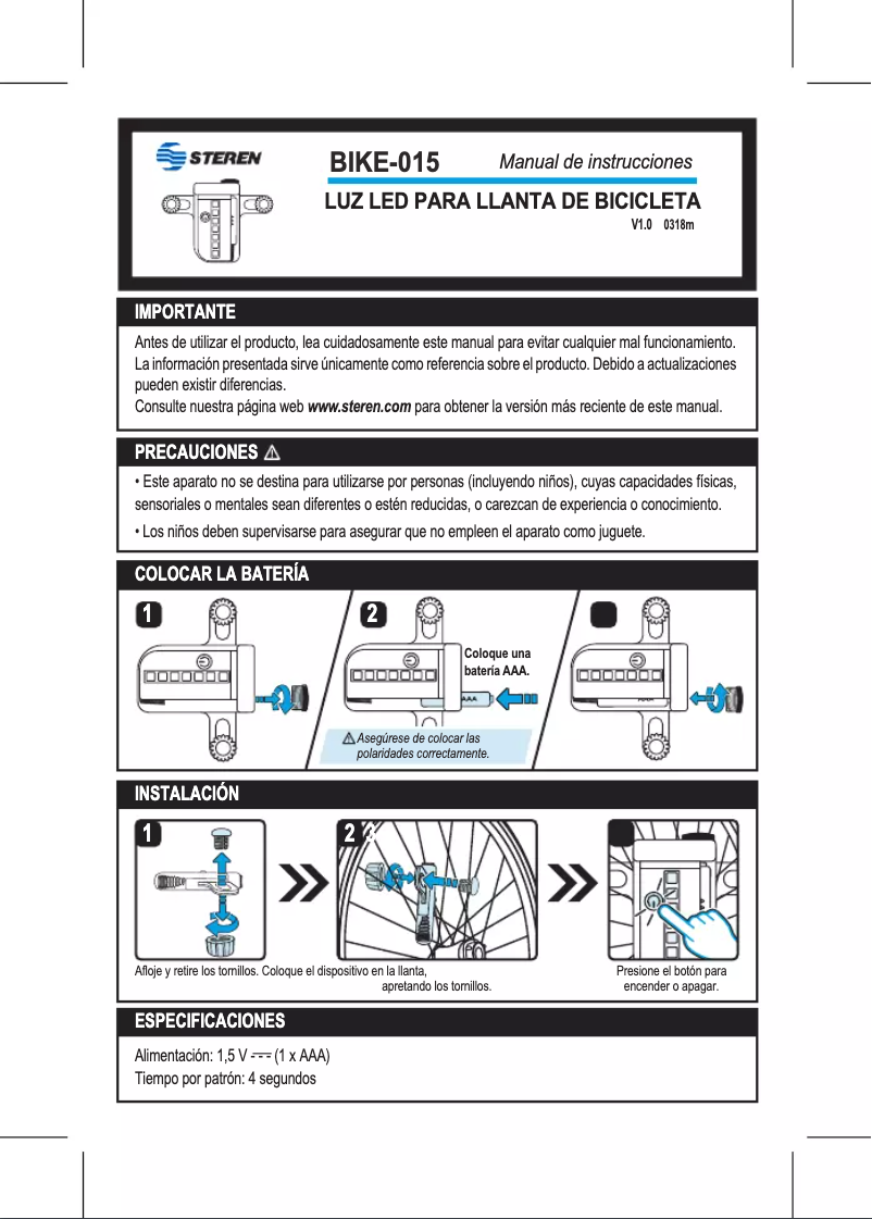 Imagen de la primera página del manual del dispositivo BIKE-015