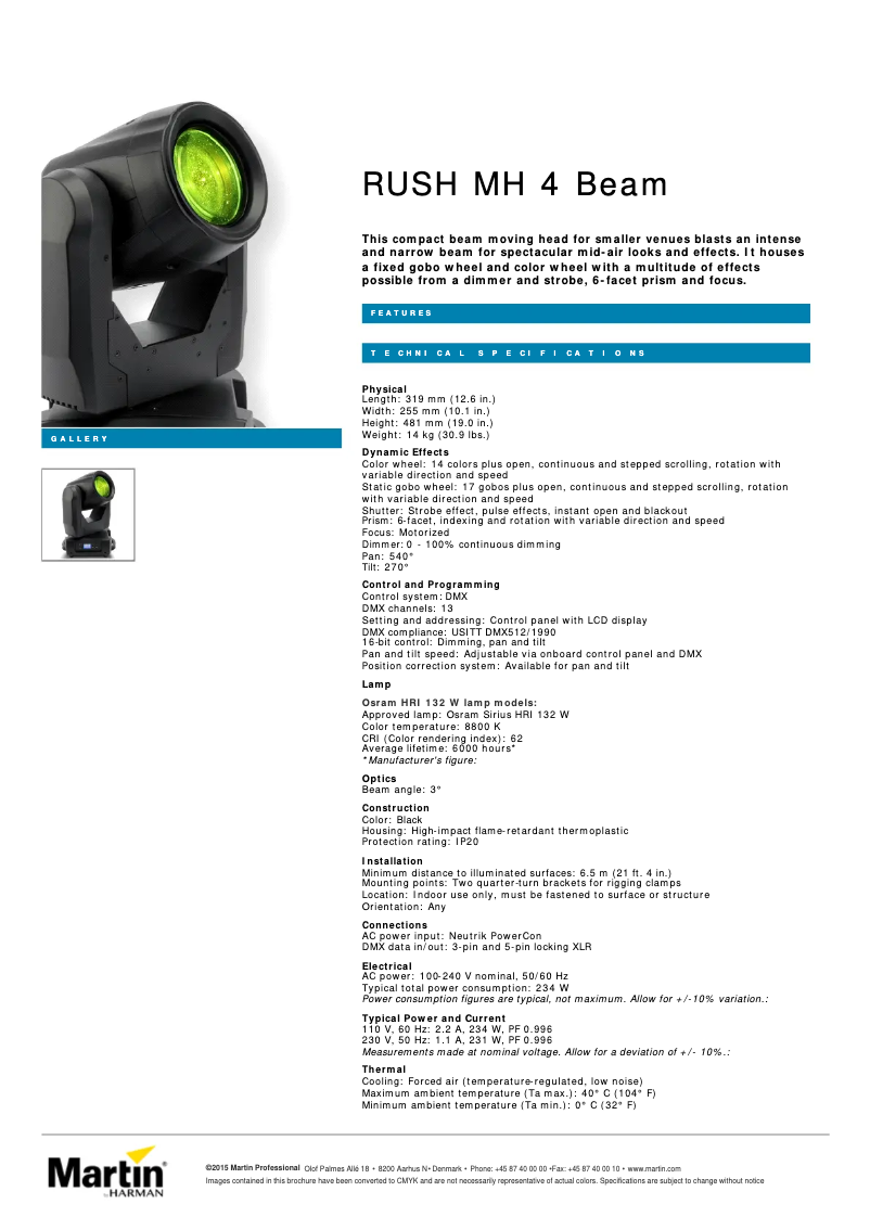 Página 1 del manual Ficha técnica Martin RUSH MH 4 Beam