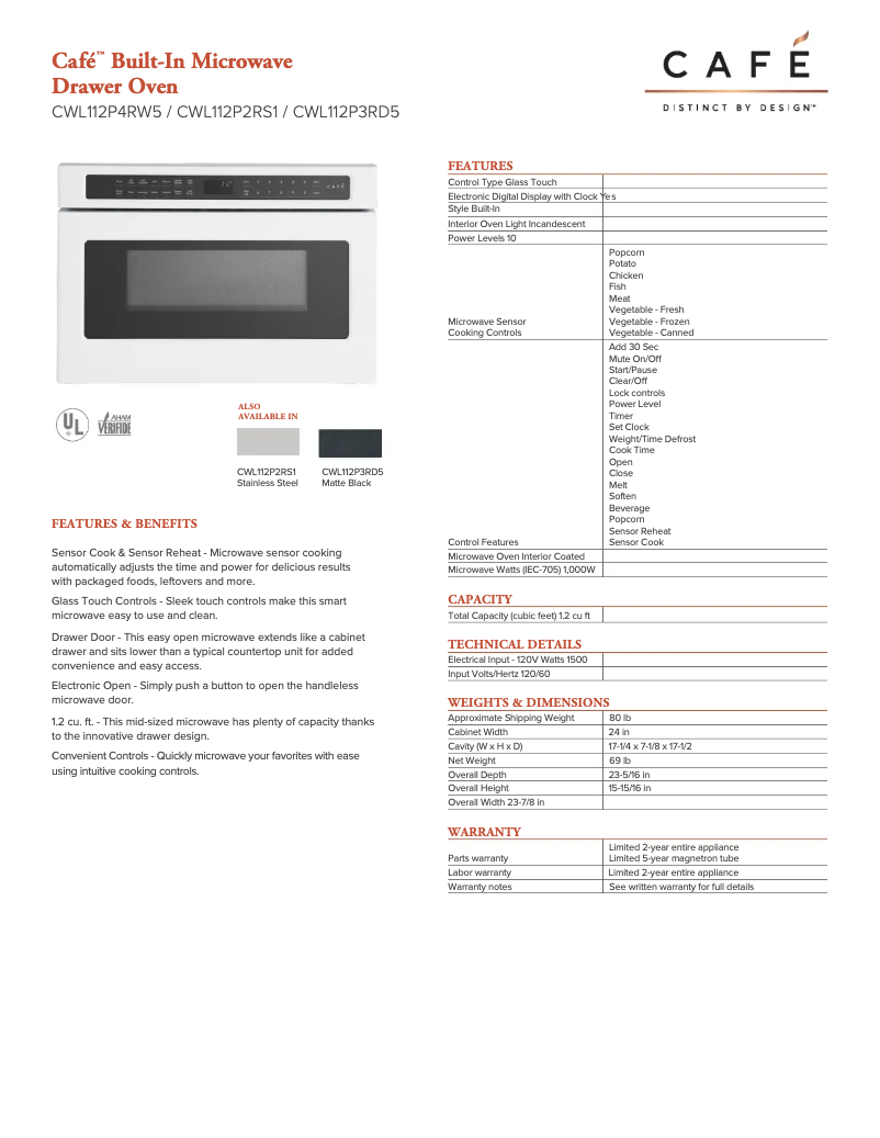 Página 1 del manual Ficha técnica GE Café CWL112P2RS1