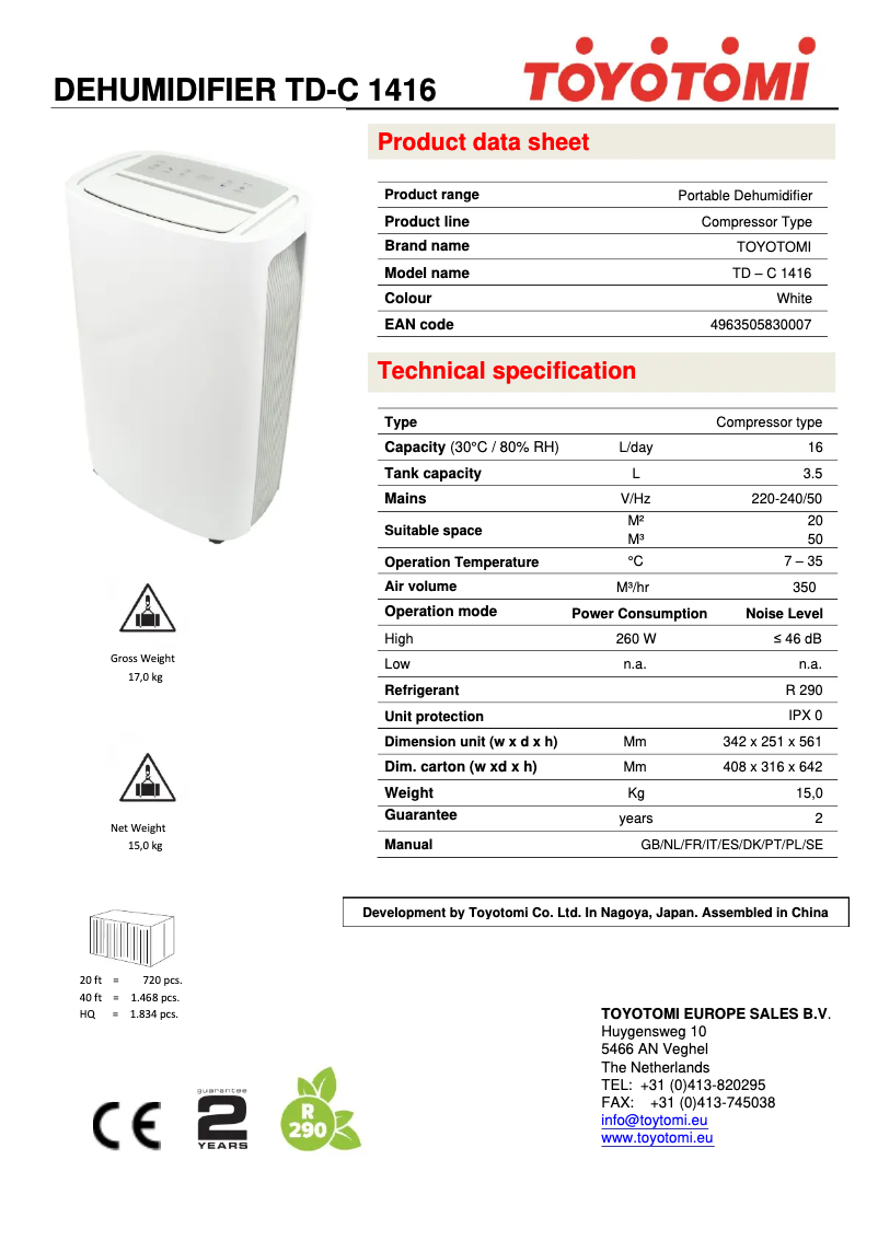 Página 1 del manual Ficha técnica Toyotomi TD-C1416