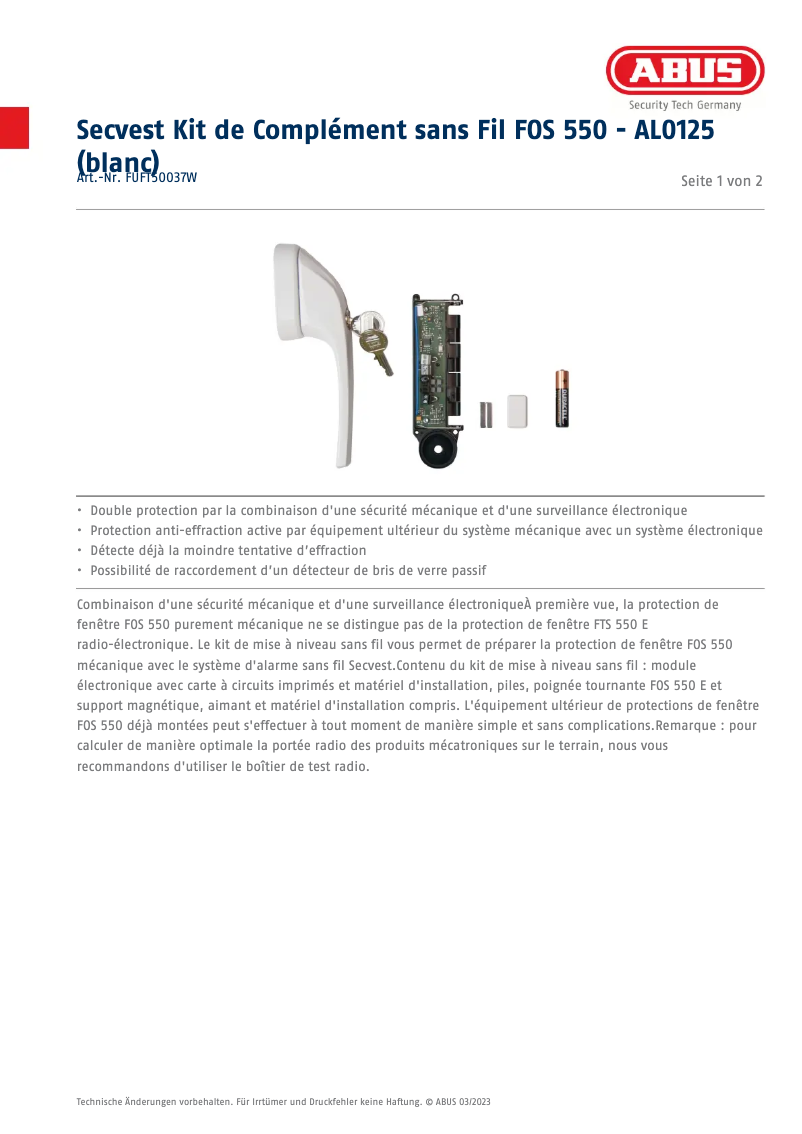 Página 1 del manual Ficha técnica Abus FUFT50037W