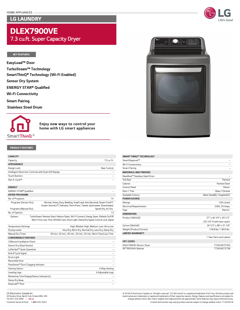 Página 1 del manual Ficha técnica LG DLEX7900VE