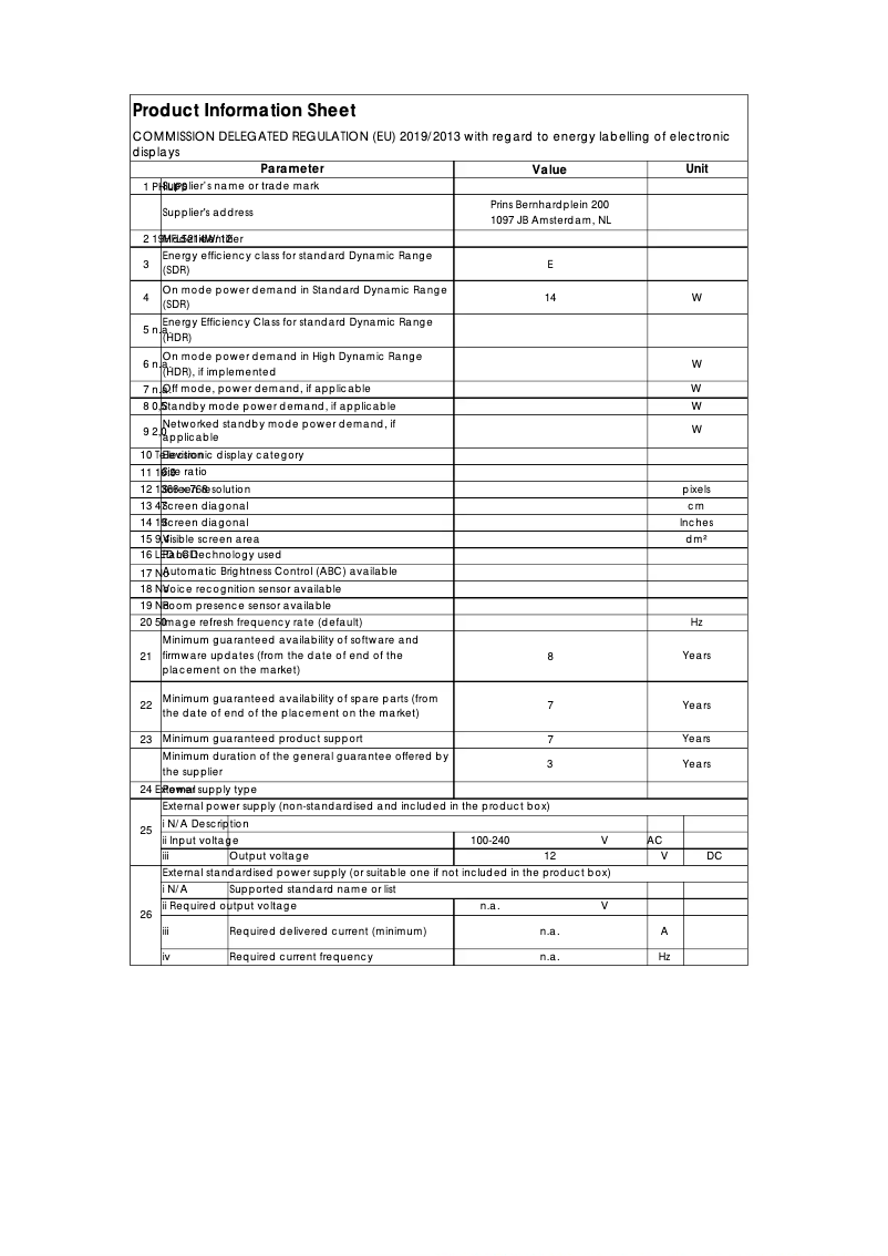 Página 1 del manual Ficha técnica Philips 19HFL5214W