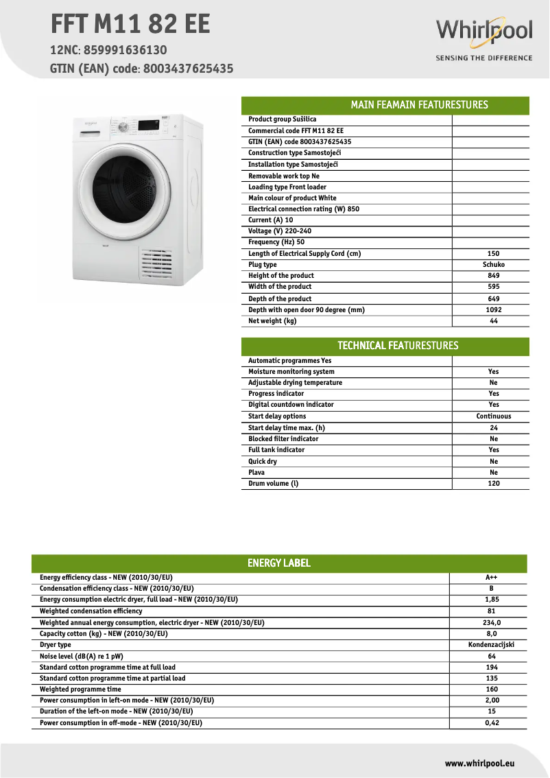 Página 1 del manual Ficha técnica Whirlpool FFT M11 82 EE