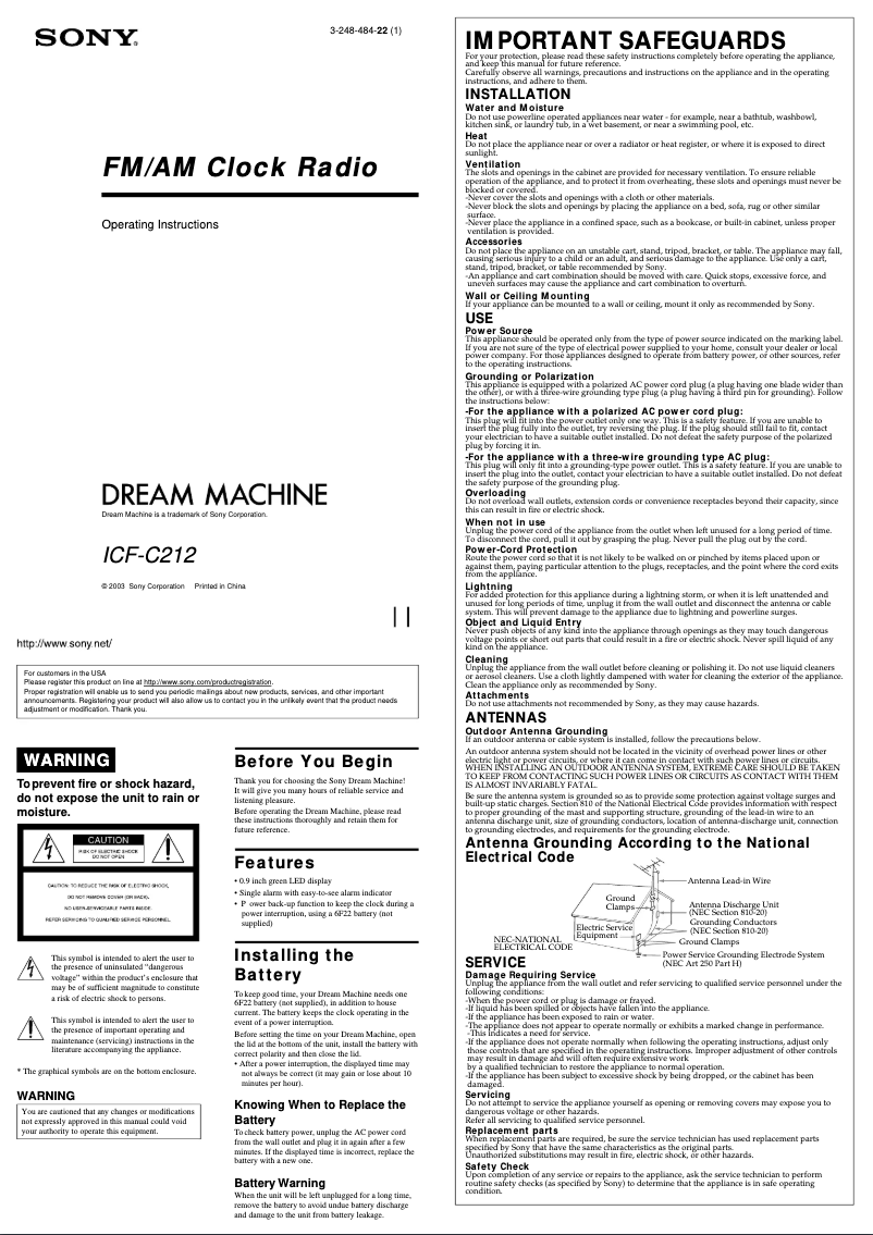 Imagen de la primera página del manual del dispositivo ICF-C212