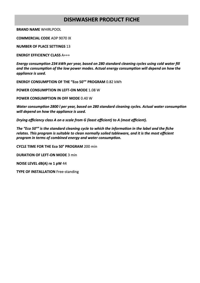 Página 1 del manual Ficha técnica Whirlpool ADP 9070 IX