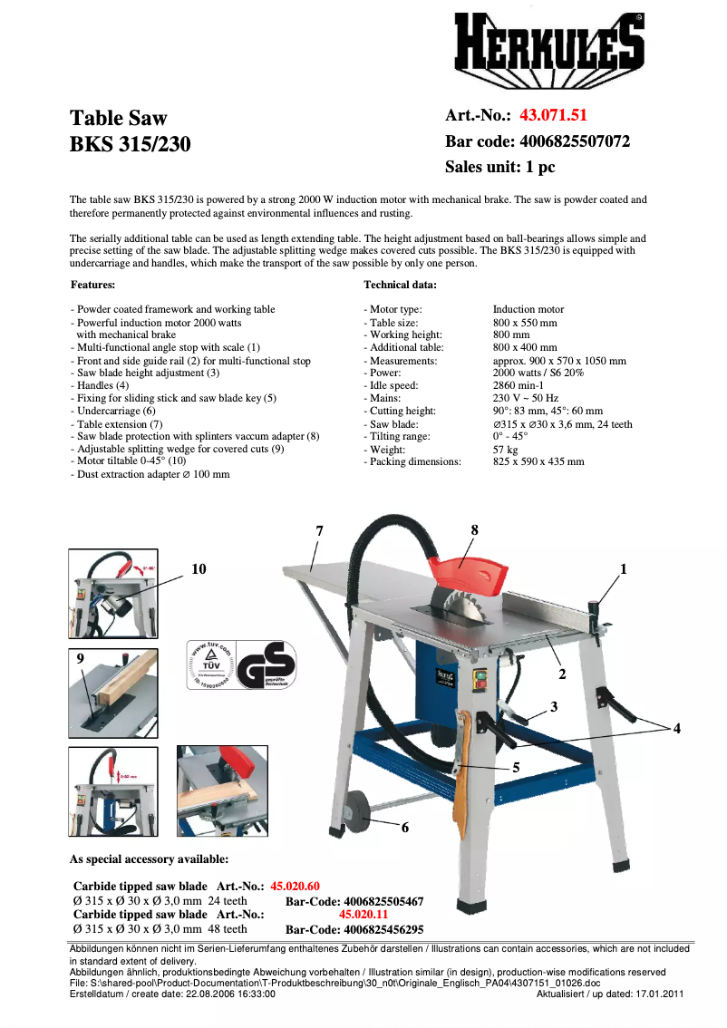 Página 1 del manual Ficha técnica Herkules BKS 315/230