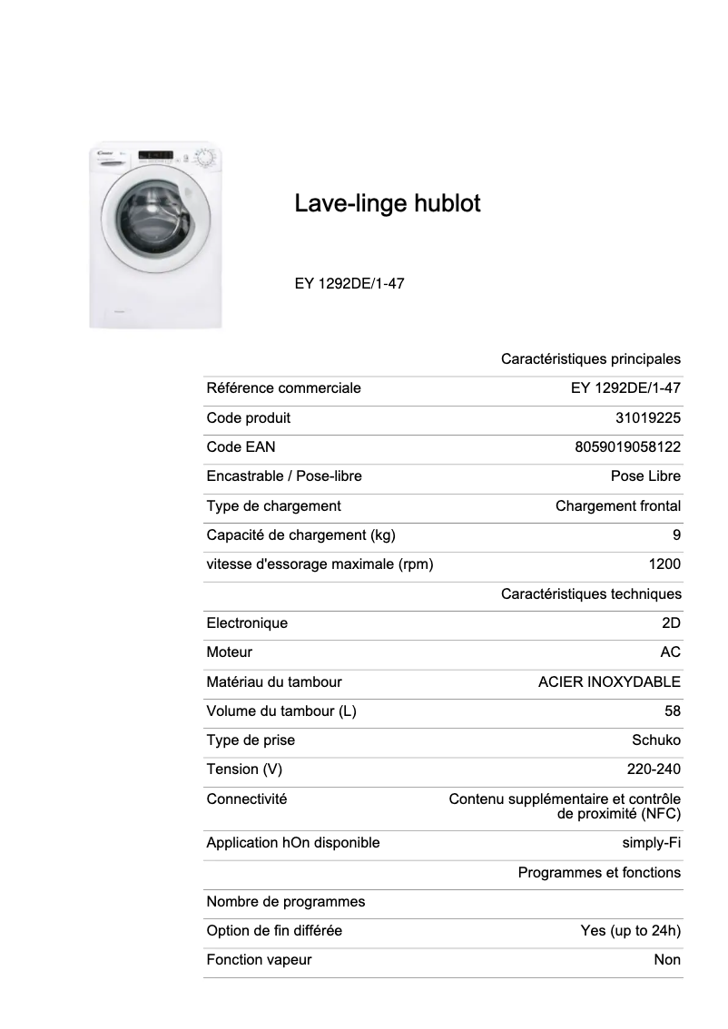 Página 1 del manual Ficha técnica Candy EY 1292DE/1-47