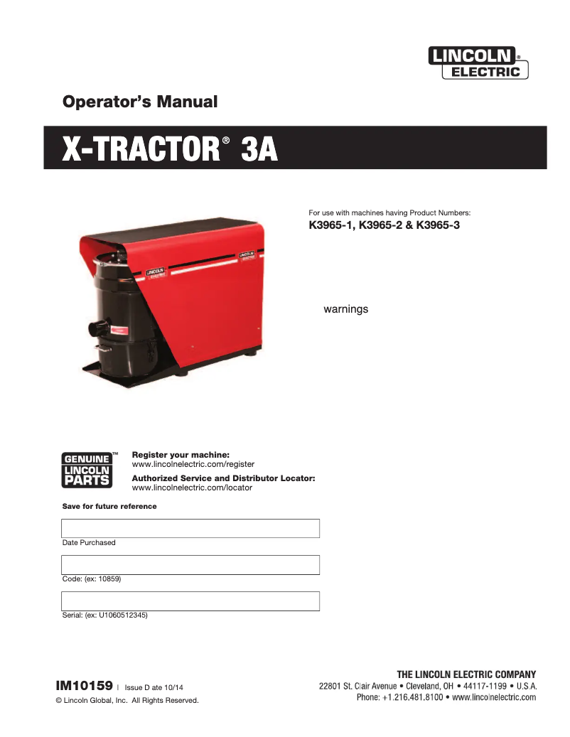 Página nº 1 - Manual de usuario Lincoln Electric X-Tractor 3A